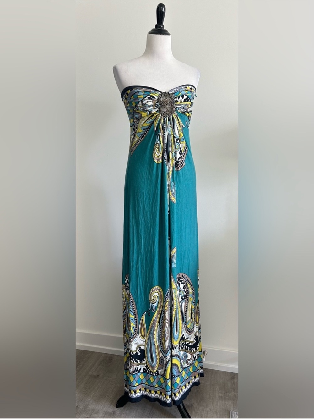 🌼 YASB M Strapless Teal yellow black Paisley stretchy vacation ready Maxi Dress